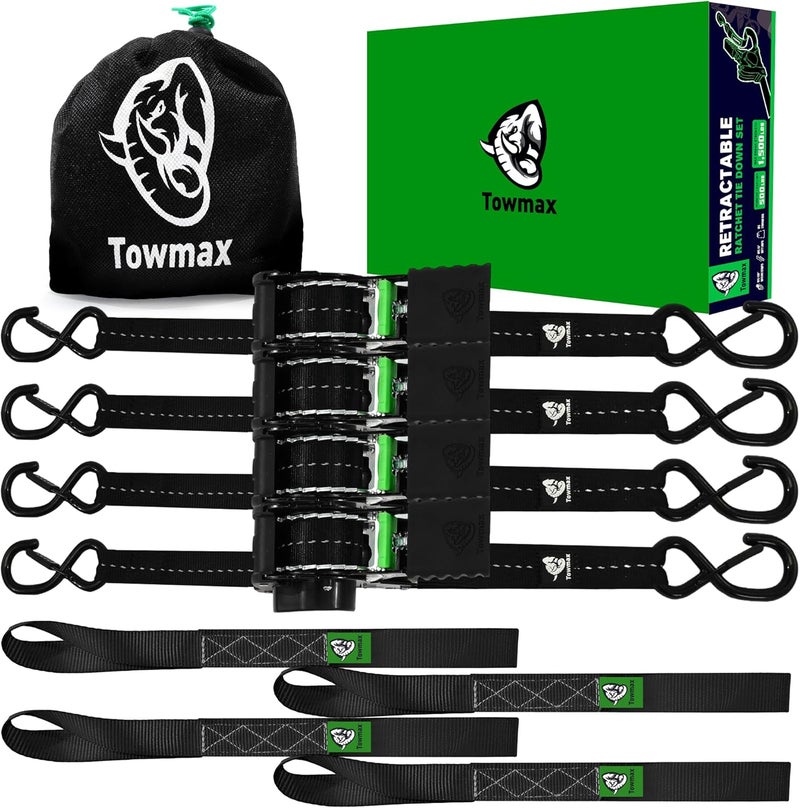 Tow-max Retractable Ratchet Straps(4 Pack) - 1in x 10ft Self Retracting Ratchet Straps with Soft Loops, 1,500 lbs Break Strength Retractable Tie Down Straps, Easy Retract for Motorcyle, Cargo, Truck, Trailer - Image 1